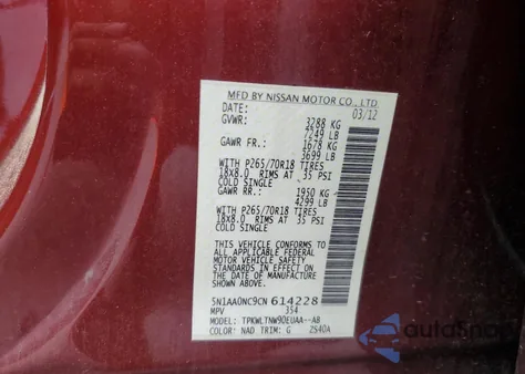 2012 Nissan Armada Sv from USA, damaged, VIN 5N1AA0NC9CN614228